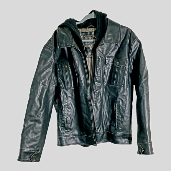 Men's *Brave Soul London Black Motorcycle Jacket w/ Attached Hood (Size XL) - Picture 1 of 5